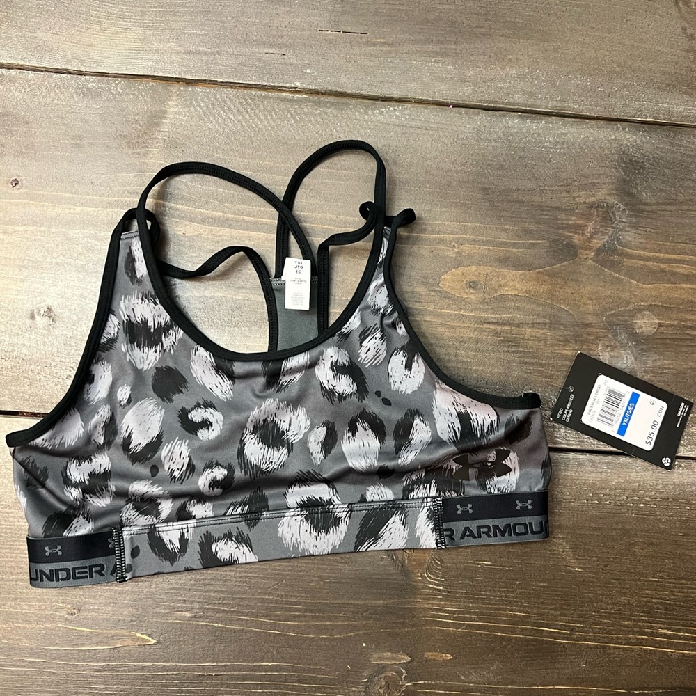 NWT GIRLS UNDER ARMOR printed grey/black sportsbra, sz XL